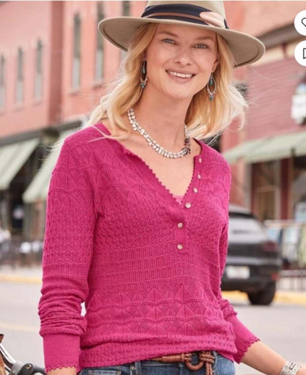 Sundance Devon Henley Sweater Size M Crochet Mixed Pointelle Knit Dainty Pink